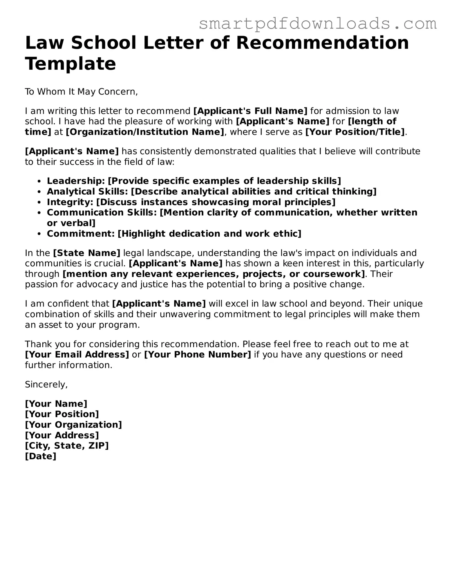 Free Law School Letter of Recommendation Form