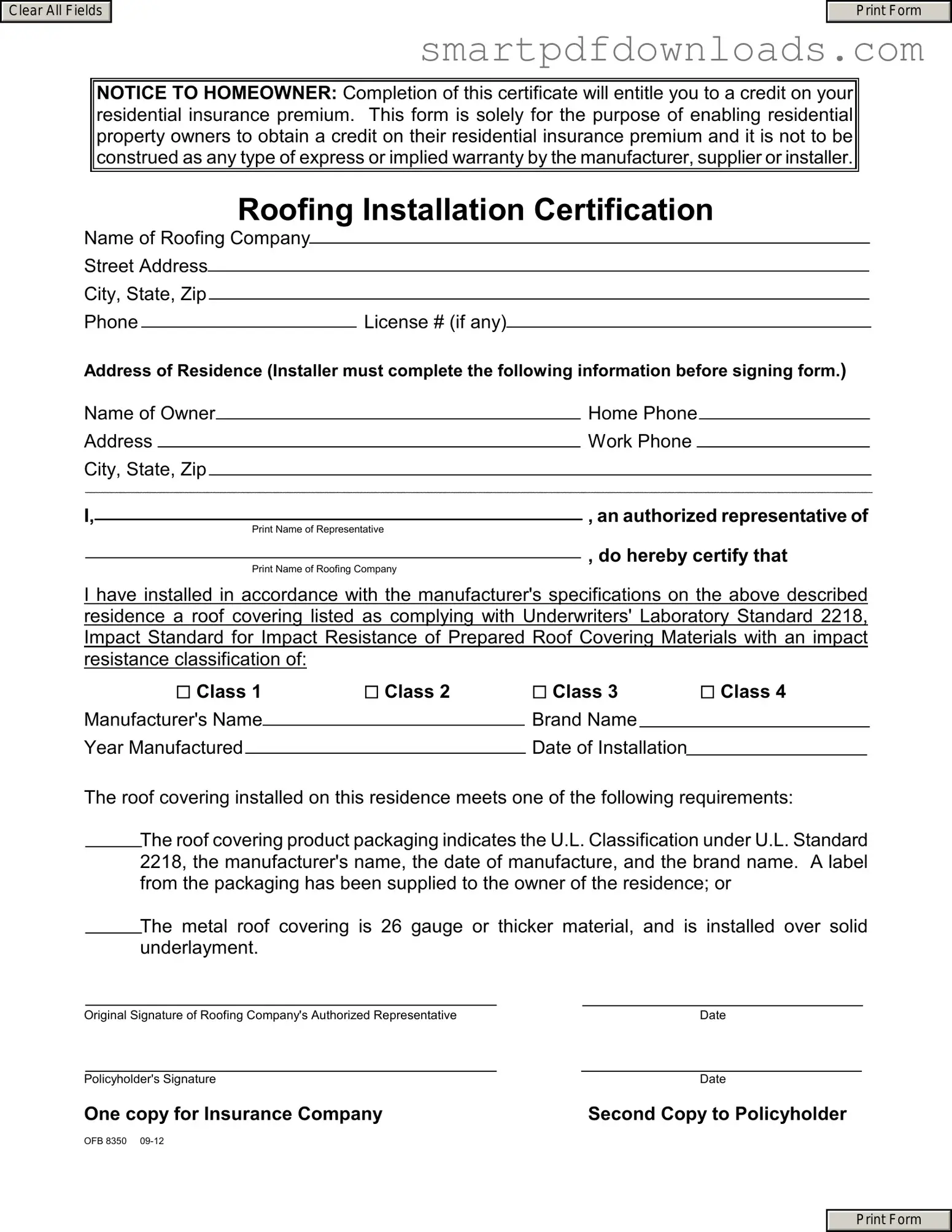 Roofing Certificate Form