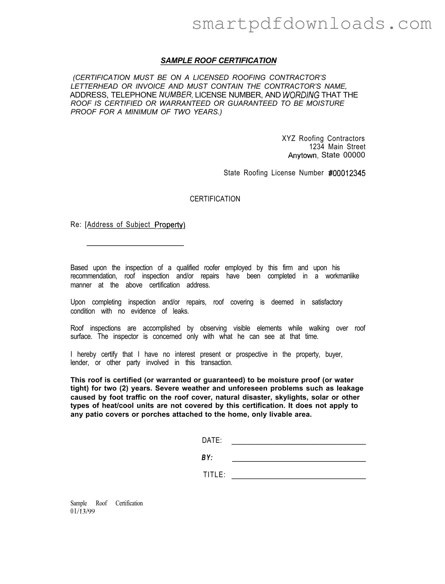 Sample Roof Certification Form