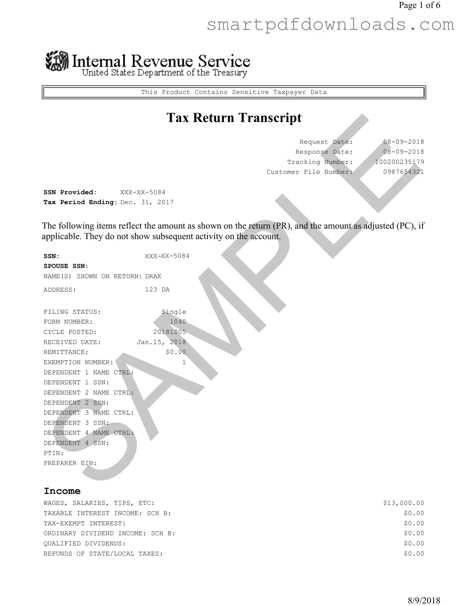 Sample Tax Return Transcript Form