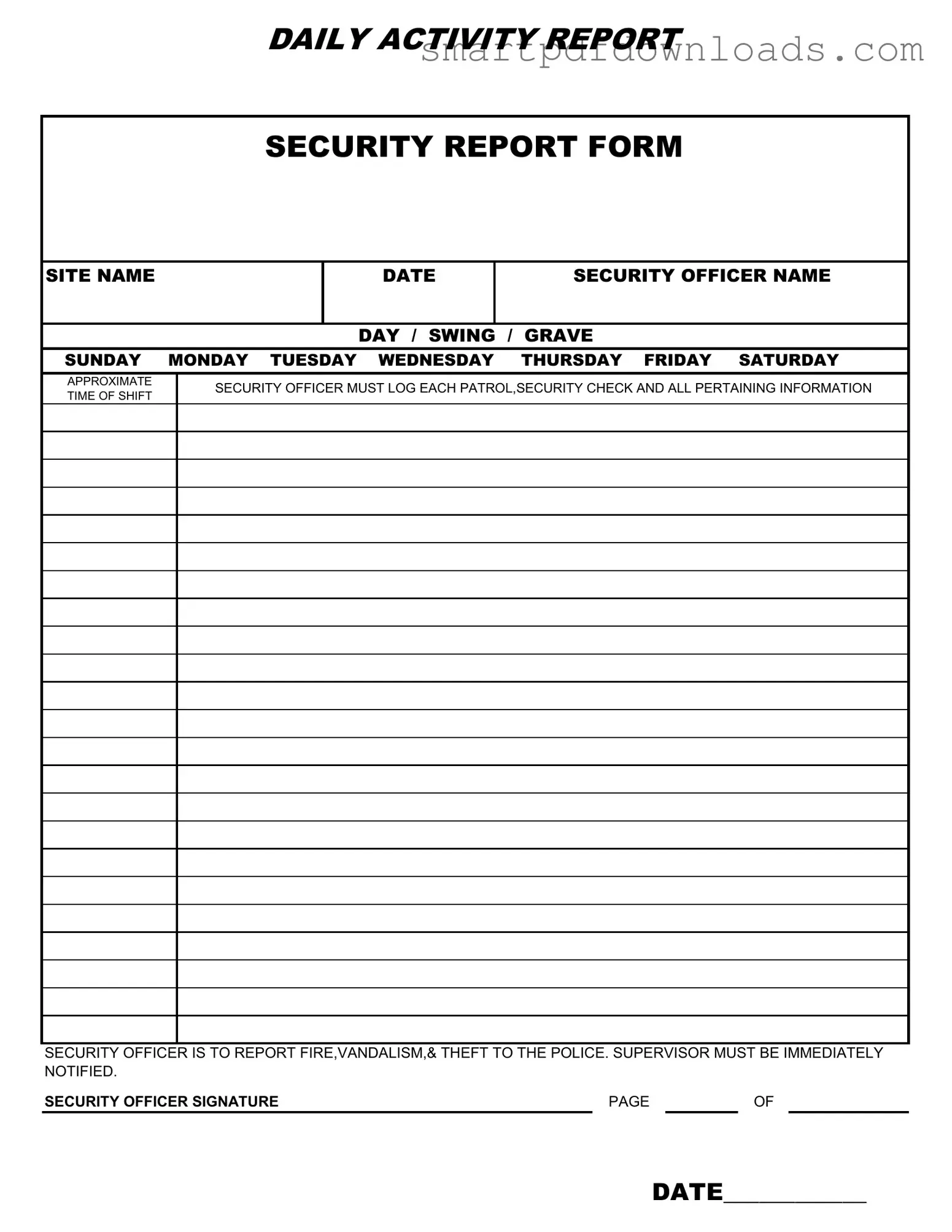 Security Guard Daily Report Sample Form