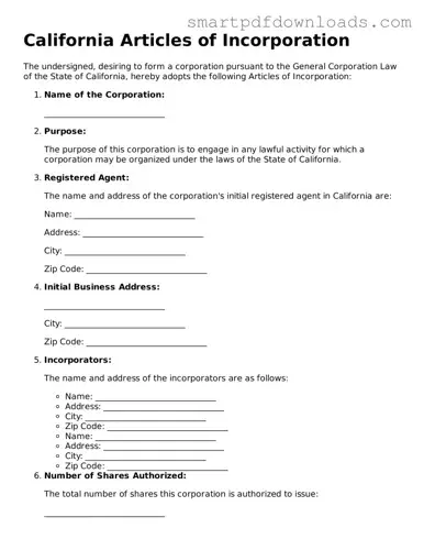 Legal Articles of Incorporation Form for the State of California