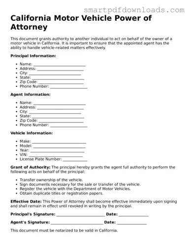 Legal Motor Vehicle Power of Attorney Form for the State of California