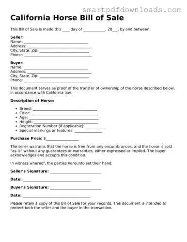 Legal Horse Bill of Sale Form for the State of California