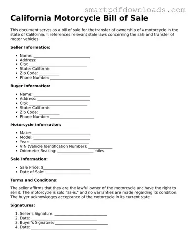 Legal Motorcycle Bill of Sale Form for the State of California