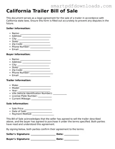 Legal Trailer Bill of Sale Form for the State of California