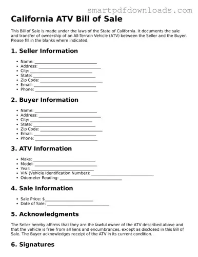 Legal ATV Bill of Sale Form for the State of California