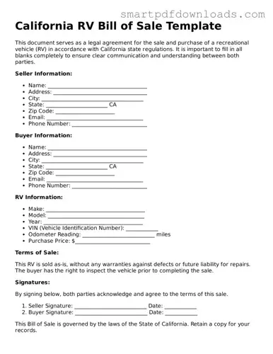 Legal RV Bill of Sale Form for the State of California