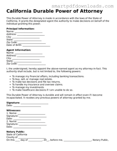 Legal Durable Power of Attorney Form for the State of California