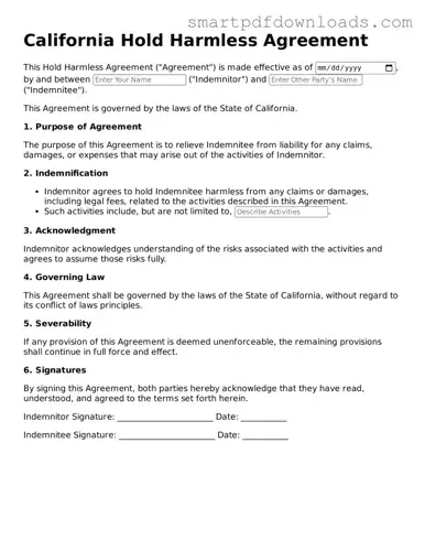 Legal Hold Harmless Agreement Form for the State of California
