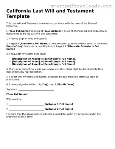 Legal Last Will and Testament Form for the State of California