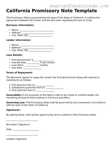 Legal Promissory Note Form for the State of California