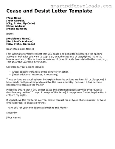 Free Cease and Desist Letter Form