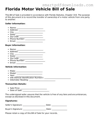 Legal Motor Vehicle Bill of Sale Form for the State of Florida