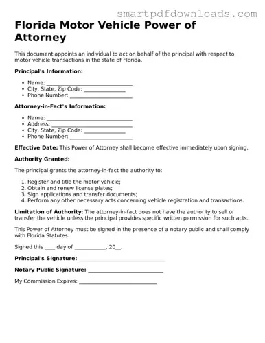 Legal Motor Vehicle Power of Attorney Form for the State of Florida