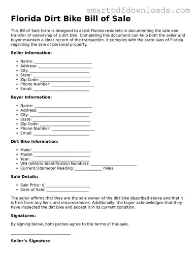 Legal Dirt Bike Bill of Sale Form for the State of Florida