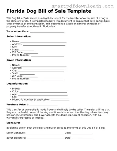 Legal Dog Bill of Sale Form for the State of Florida