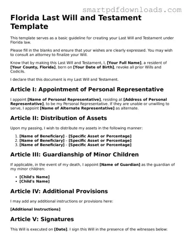 Legal Last Will and Testament Form for the State of Florida