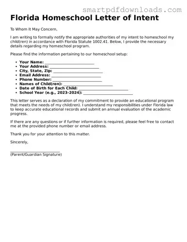 Legal Homeschool Letter of Intent Form for the State of Florida