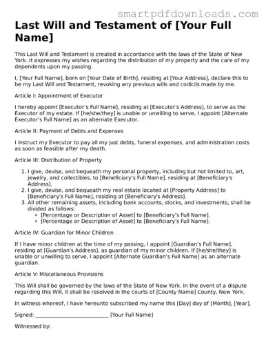 Legal Last Will and Testament Form for the State of New York