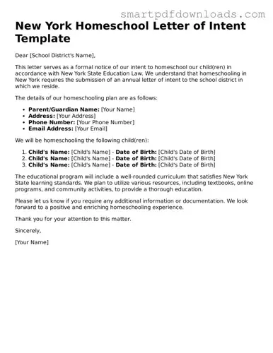 Legal Homeschool Letter of Intent Form for the State of New York