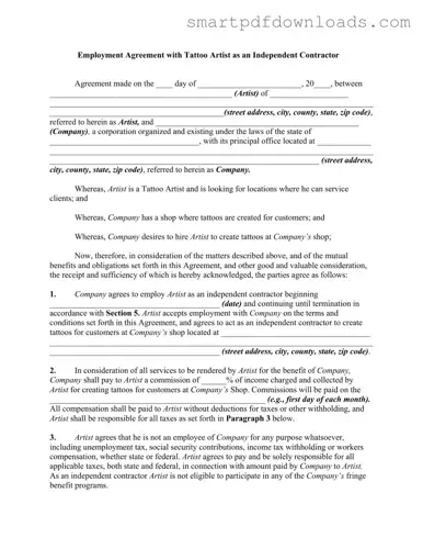 Tattoo Shop Artist Agreement Form