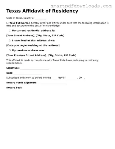 Legal Affidavit of Residency Form for the State of Texas