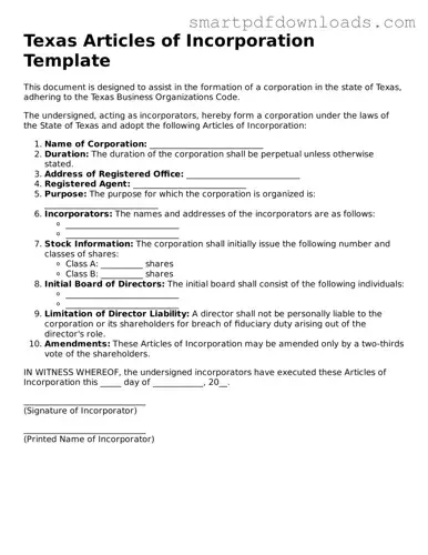 Legal Articles of Incorporation Form for the State of Texas