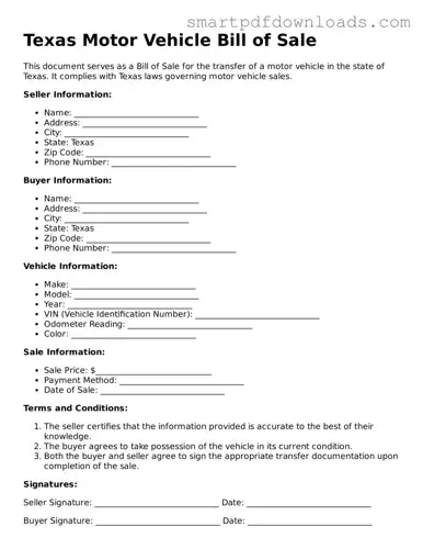 Legal Motor Vehicle Bill of Sale Form for the State of Texas