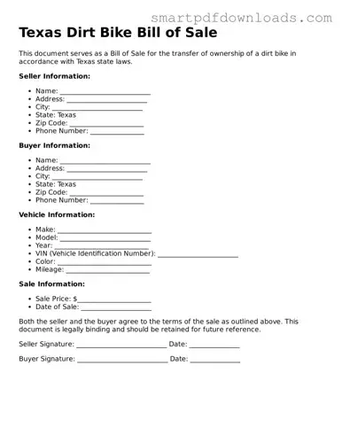 Legal Dirt Bike Bill of Sale Form for the State of Texas