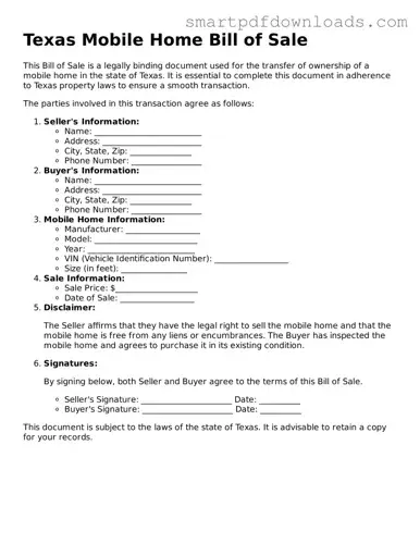 Legal Mobile Home Bill of Sale Form for the State of Texas