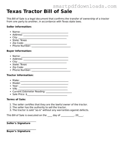 Legal Tractor Bill of Sale Form for the State of Texas