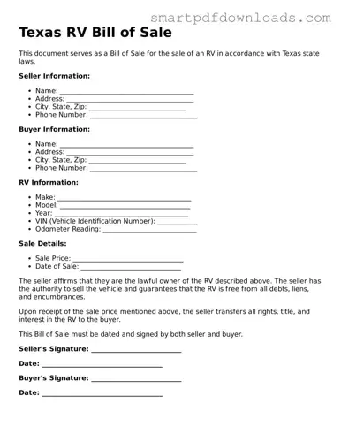 Legal RV Bill of Sale Form for the State of Texas