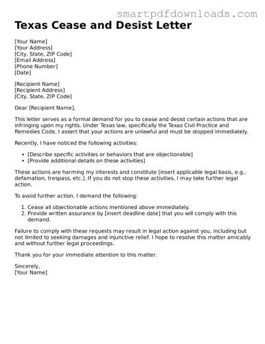 Legal Cease and Desist Letter Form for the State of Texas