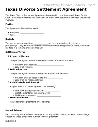 Legal Divorce Settlement Agreement Form for the State of Texas