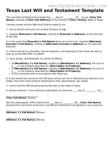 Legal Last Will and Testament Form for the State of Texas