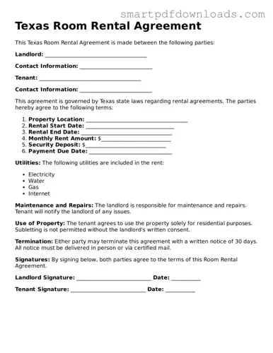 Legal Room Rental Agreement Form for the State of Texas