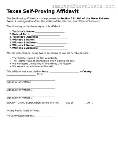 Legal Self-Proving Affidavit Form for the State of Texas