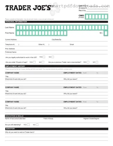 Trader Joe's application Form