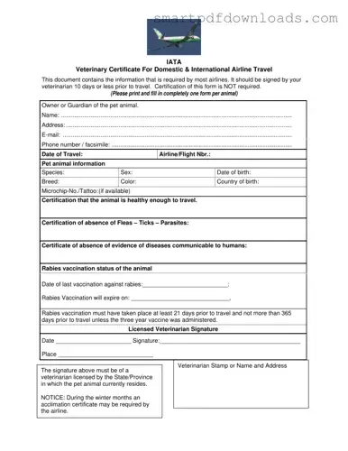 Veterinary Certificate Travel Form