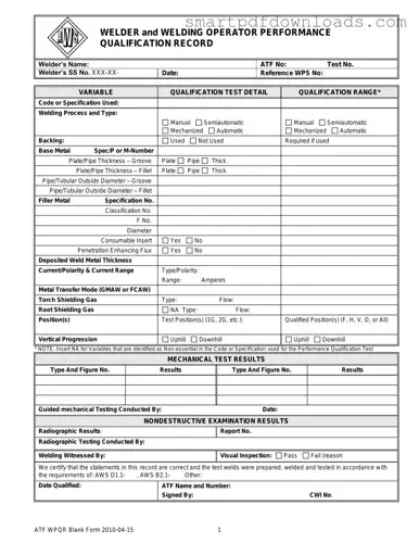 Welder Performance Qualification Record Form