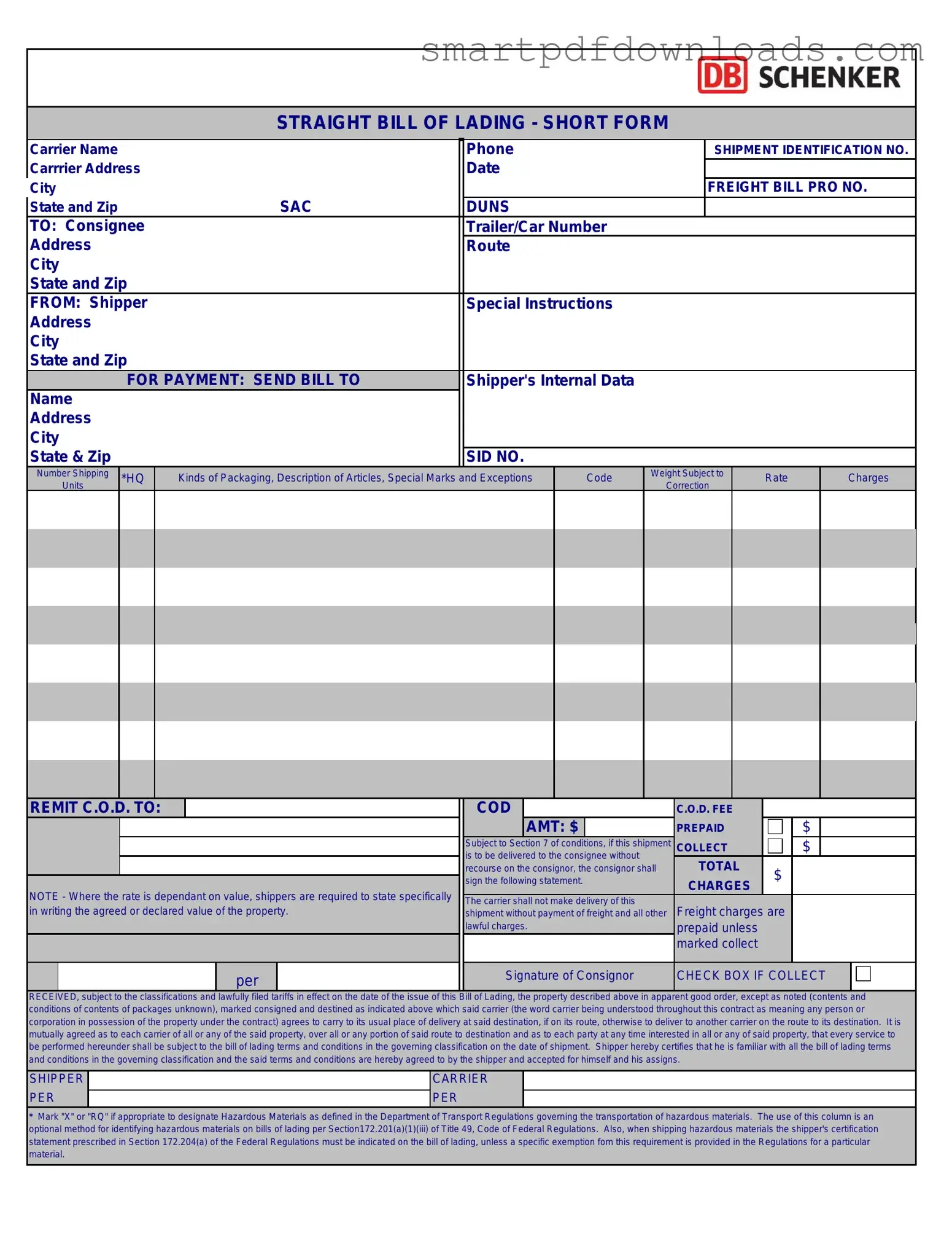 Straight Bill Of Lading Form
