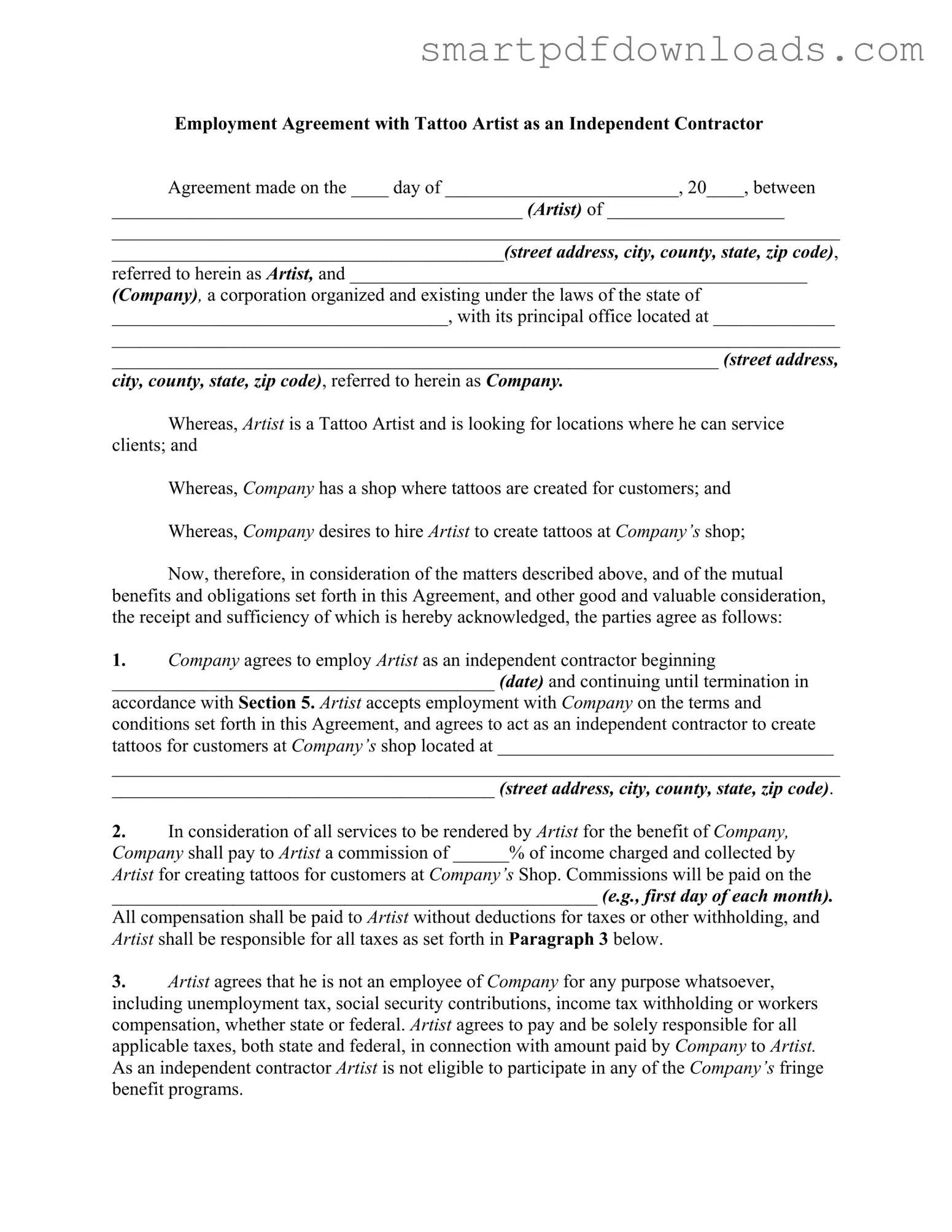 Tattoo Shop Artist Agreement Form