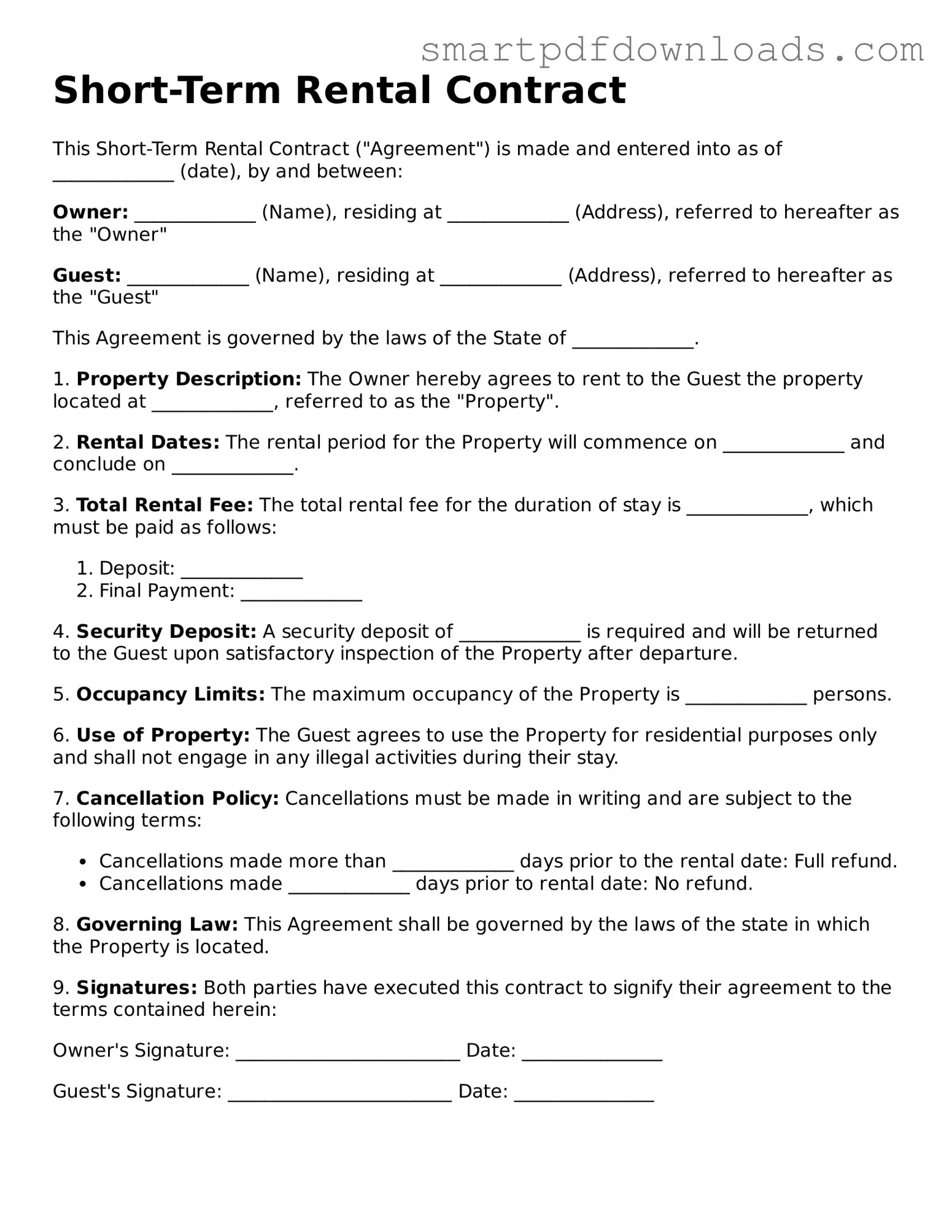 Free Short-Term Rental Contract Form