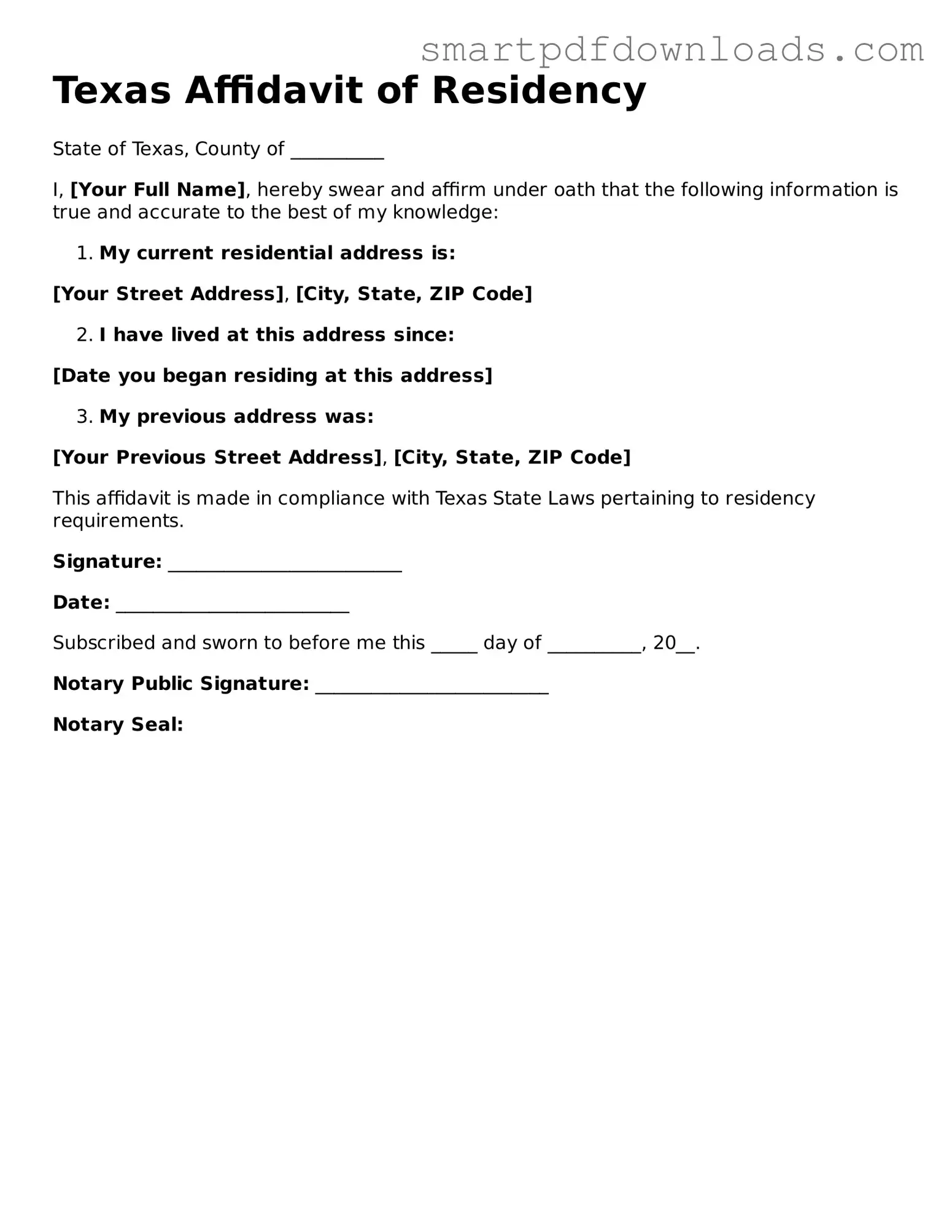 Legal Affidavit of Residency Form for the State of Texas