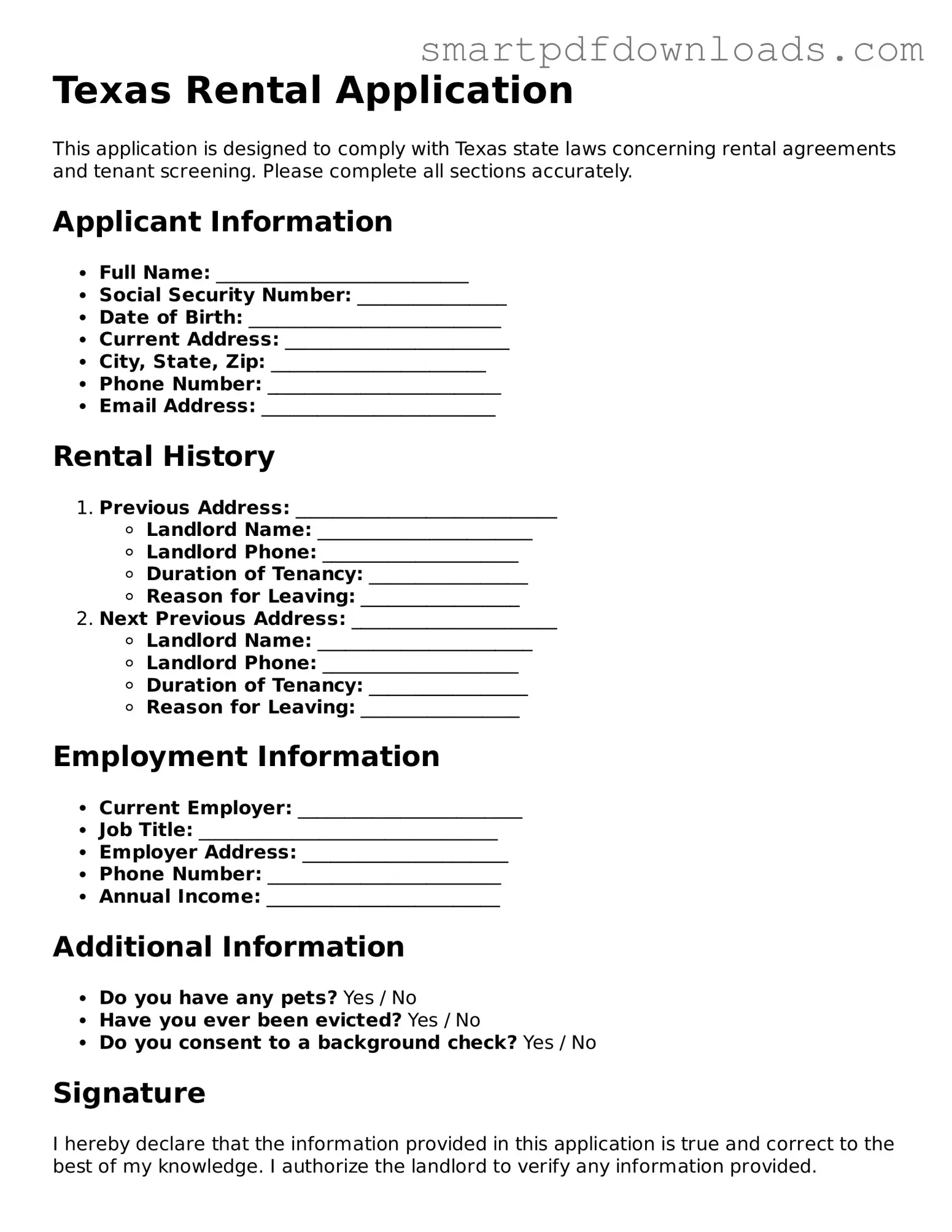 Legal Rental Application Form for the State of Texas