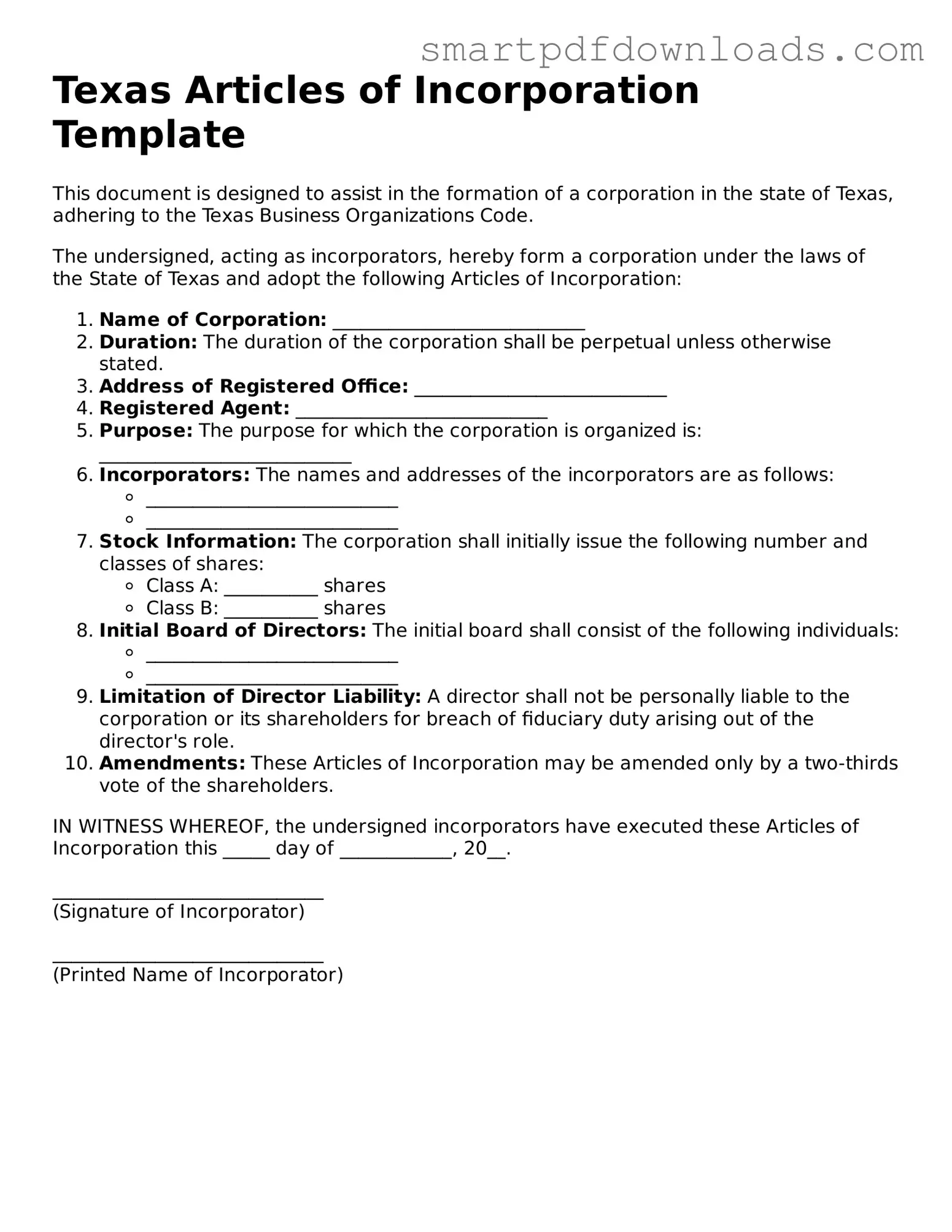 Legal Articles of Incorporation Form for the State of Texas