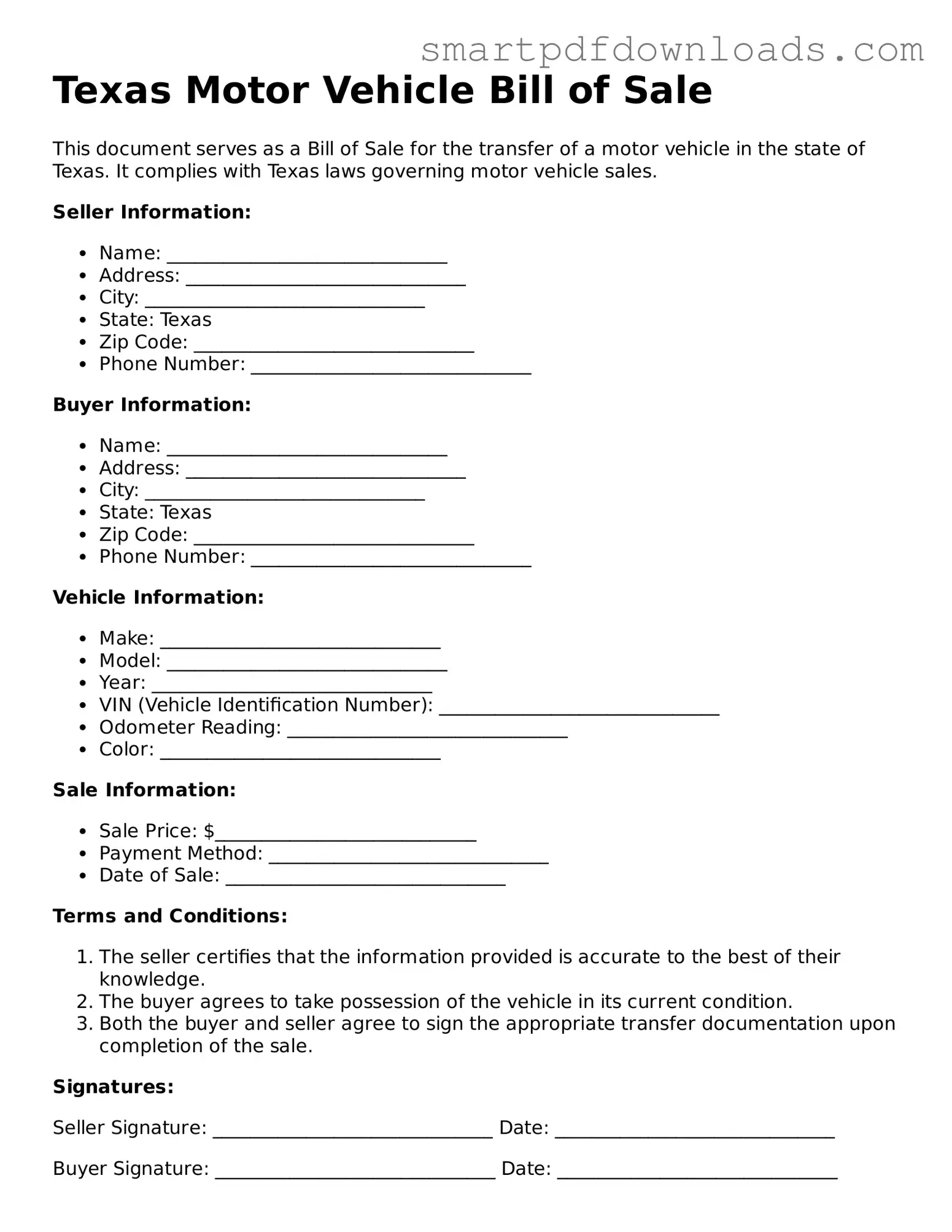 Legal Motor Vehicle Bill of Sale Form for the State of Texas