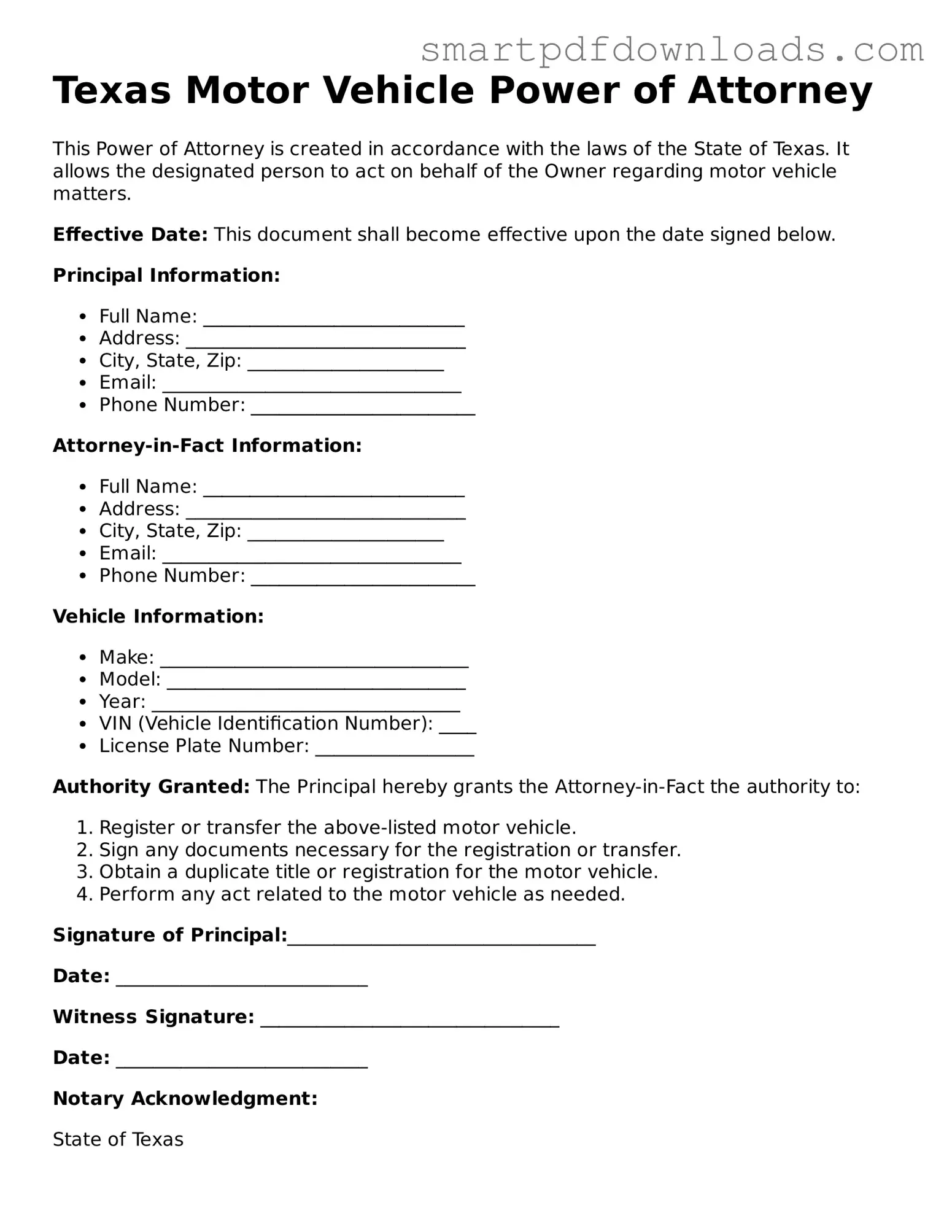 Legal Motor Vehicle Power of Attorney Form for the State of Texas