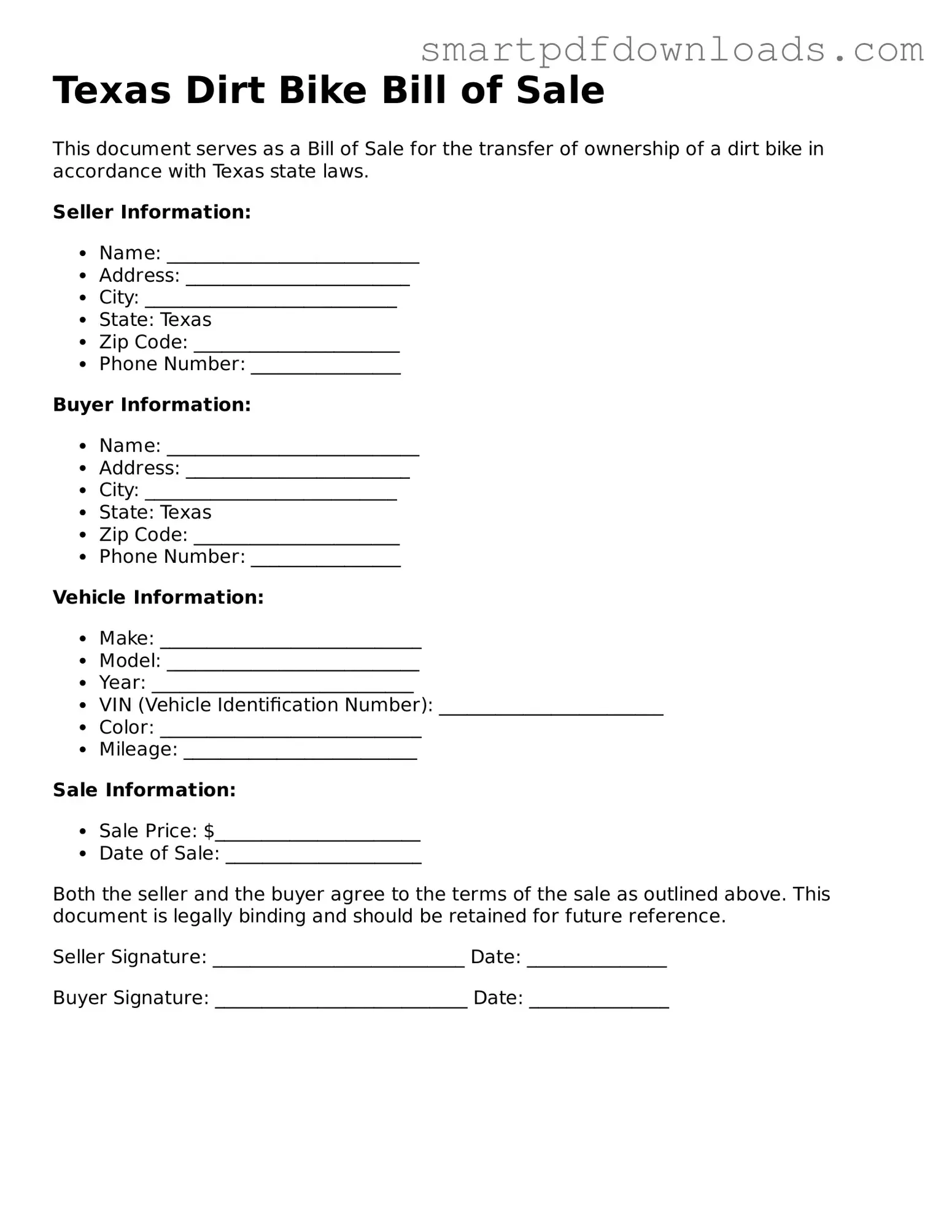 Legal Dirt Bike Bill of Sale Form for the State of Texas